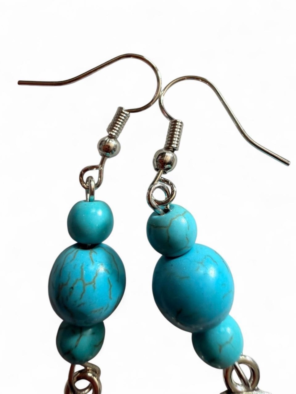 Handmade Silver Lotus Flower & Turquoise Bead Dangle Drop Earrings Boho - Picture 5 of 5